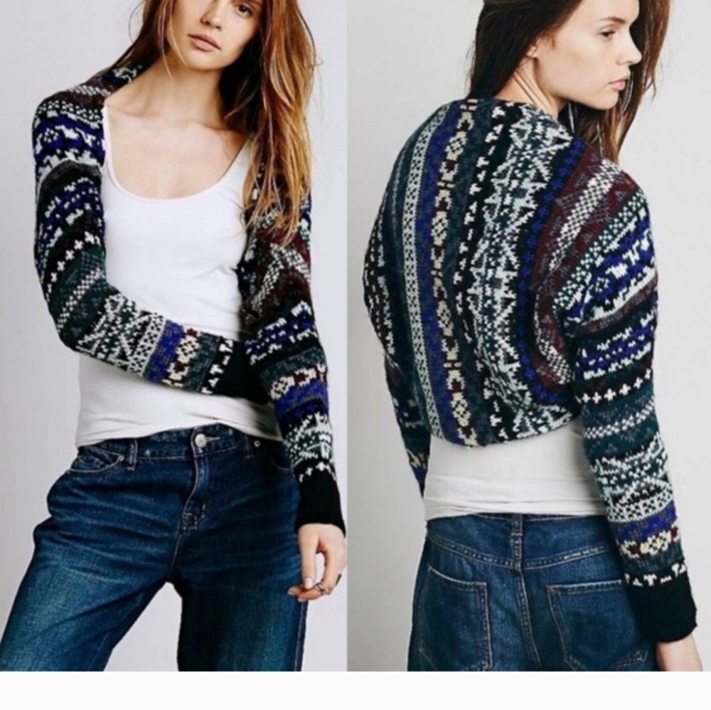 ✨FREE PEOPLE✨Fairisle Bolero Multicolor Cropped Sweater Long Sleeves Lined M